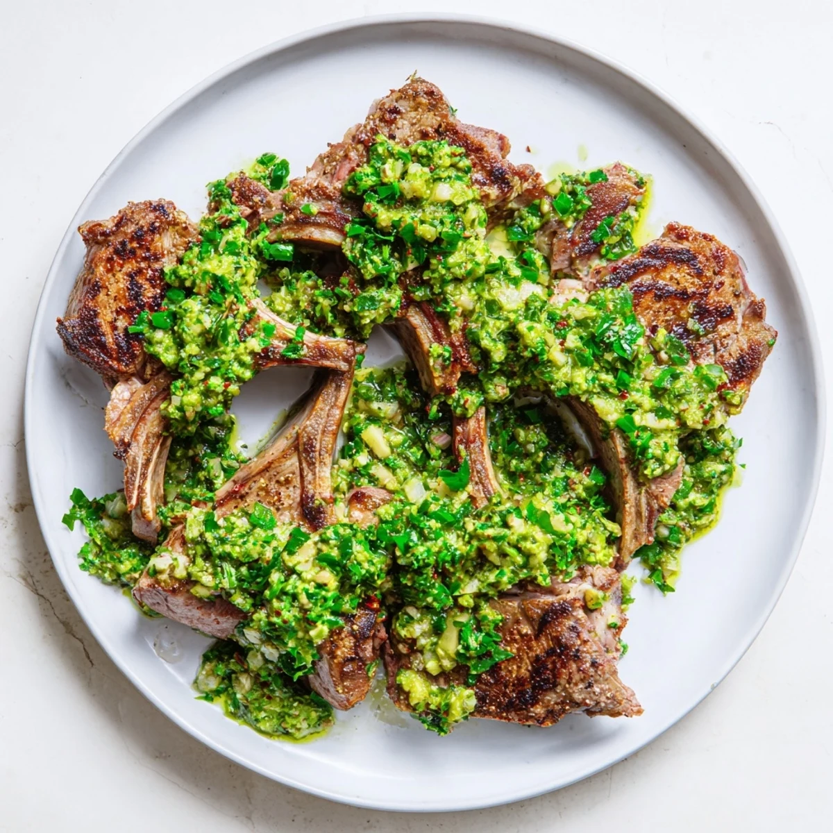 Grilled lamb chops glisten with spices on a plate next to a bowl of bright green avocado chimichurri dressing. 
