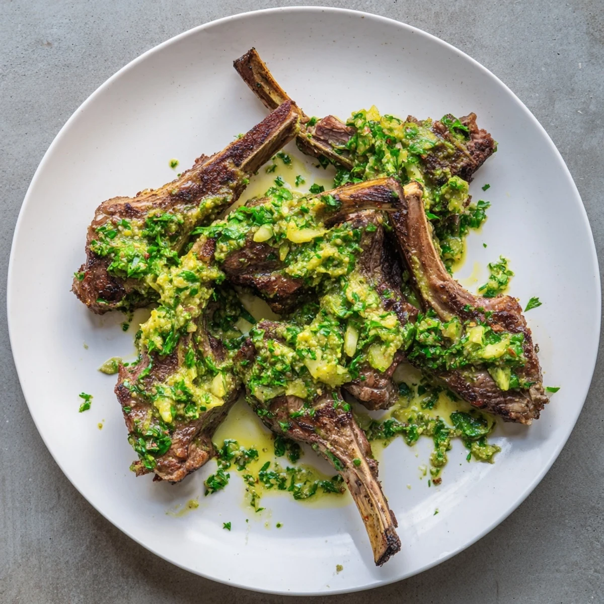 BBQ Lamb with Avocado Chimichurri Dressing topped with fresh herbs is ready for a summer meal. 