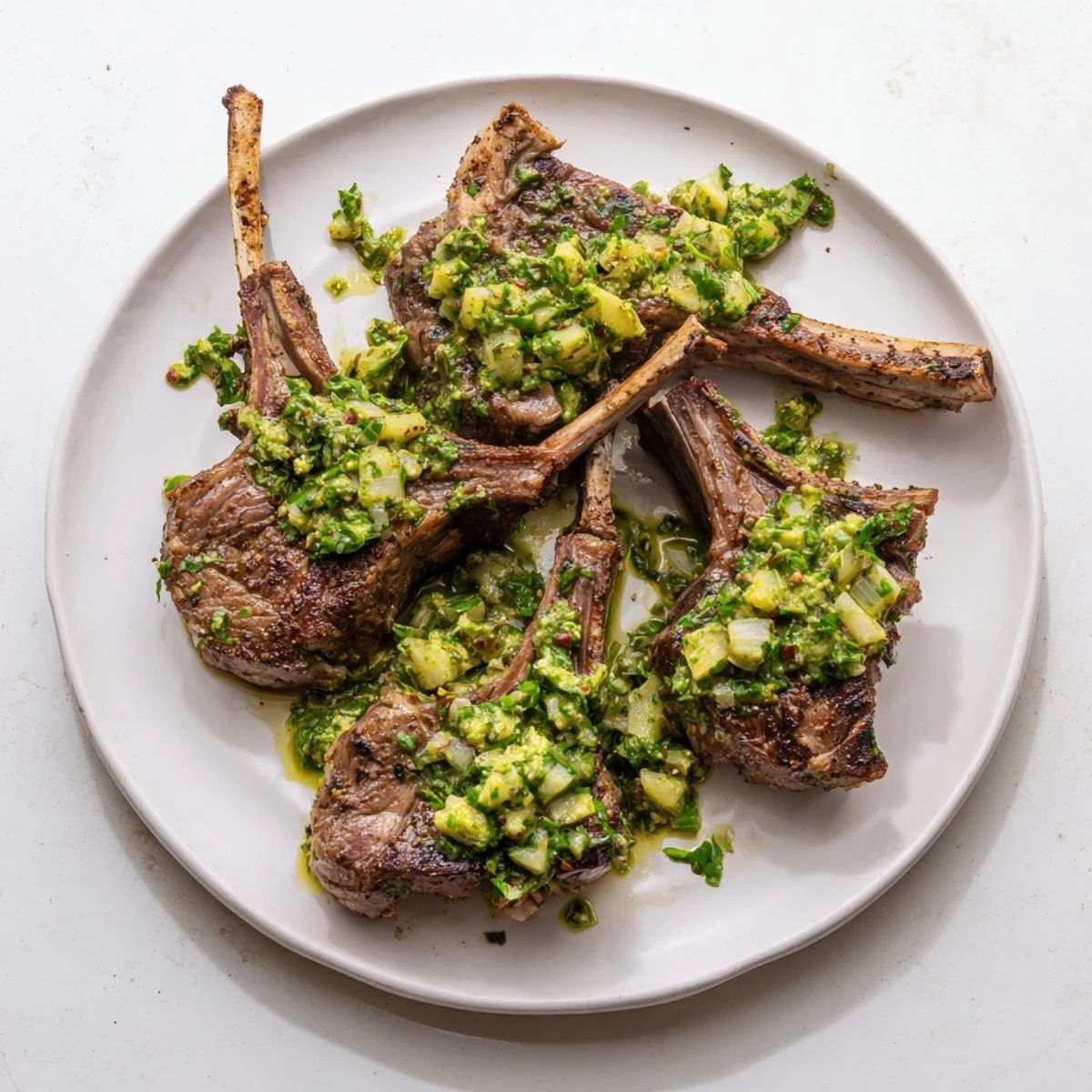 Succulent BBQ Lamb with Avocado Chimichurri Dressing is served alongside grilled vegetables for a complete dinner.