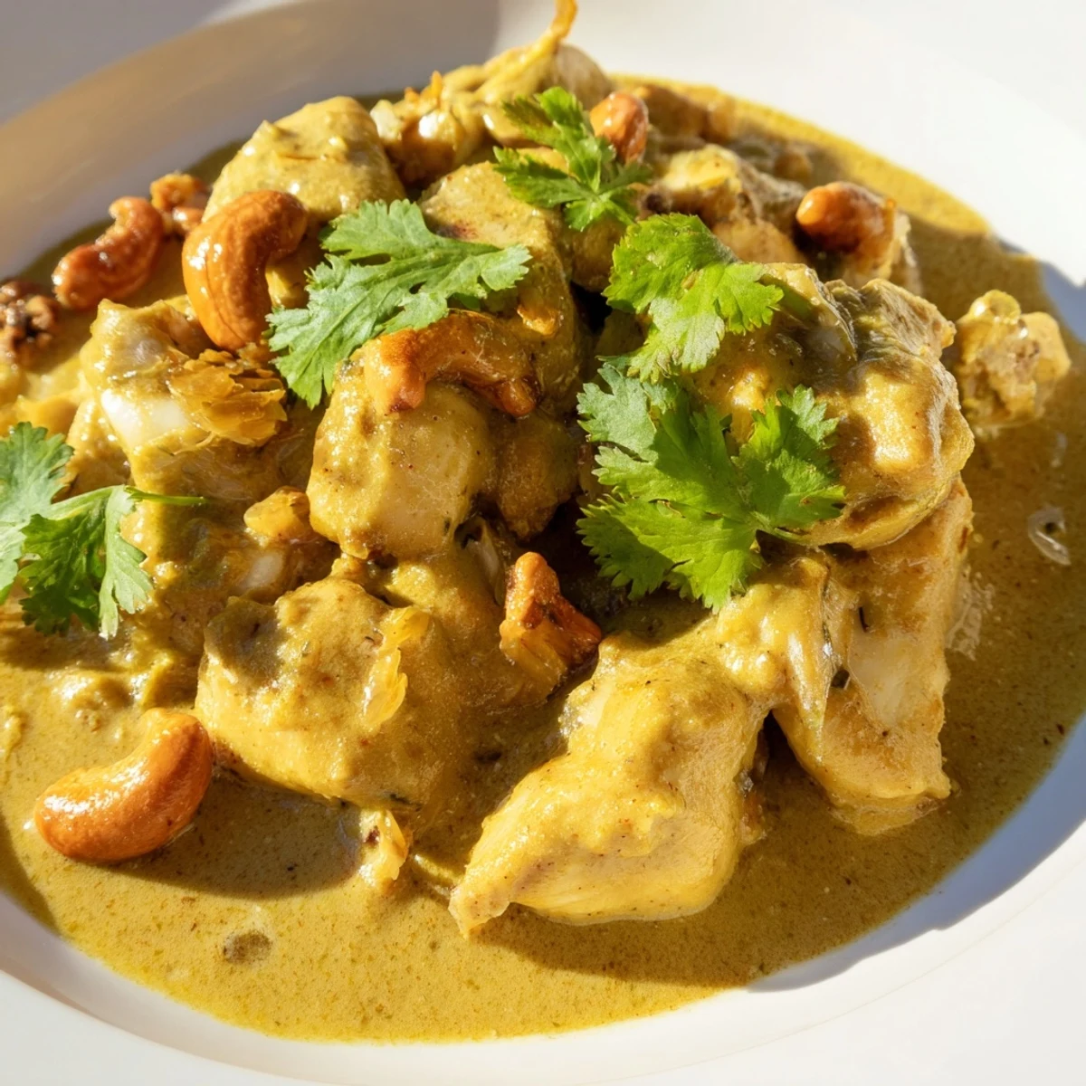 Tender chicken in creamy coconut cashew curry plated over fragrant saffron rice garnished with cilantro.