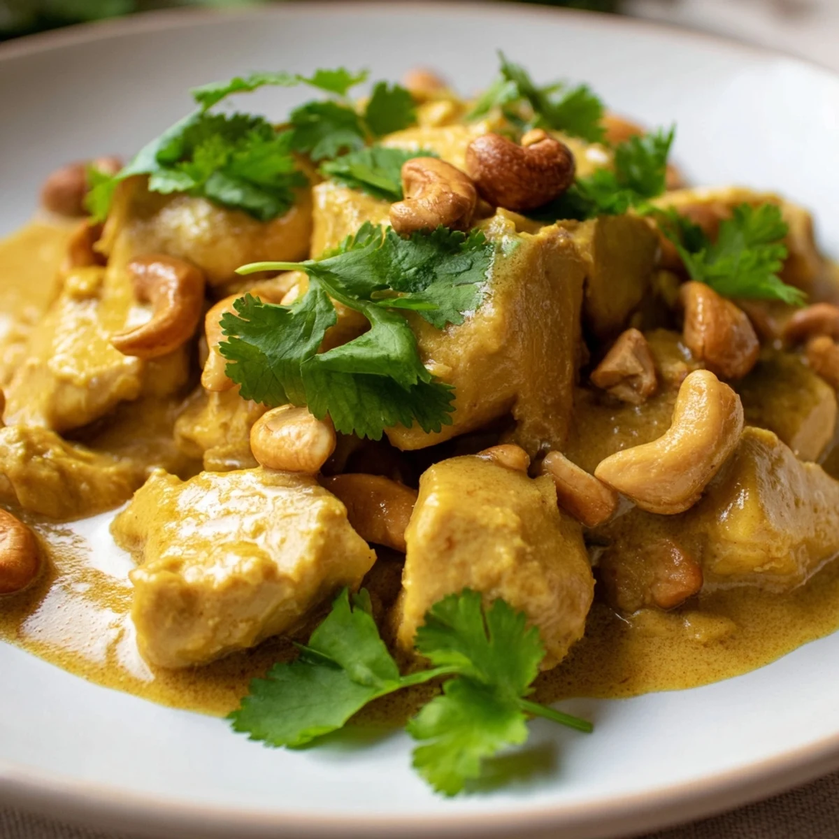 Vibrant serving of Sri Lankan Coconut and Cashew Chicken with Saffron Rice, a comforting gluten-free weeknight dinner.