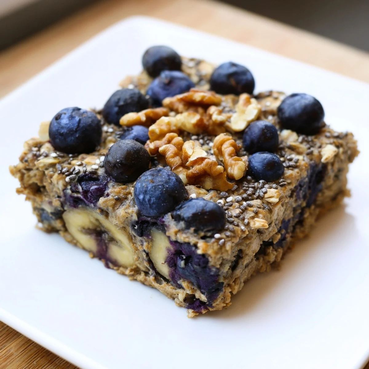 Warm slices of the High Protein Banana Blueberry Breakfast Bake reveal golden edges and bursts of juicy blueberries on a rustic wooden board.