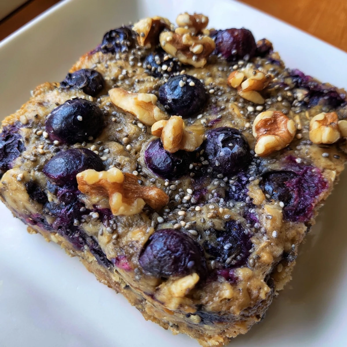 A freshly baked High Protein Banana Blueberry Breakfast Bake sits in a ceramic dish, topped with sliced almonds and a drizzle of honey.