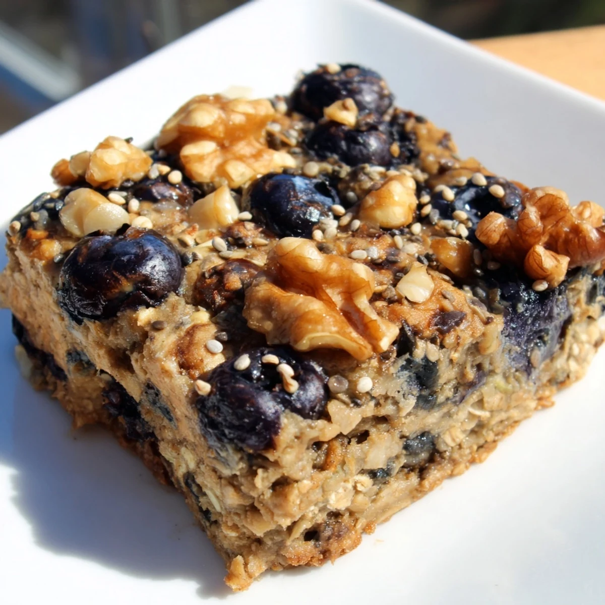 This wholesome High Protein Banana Blueberry Breakfast Bake features a moist oat base and vibrant blueberries, ready to be served for a healthy breakfast.