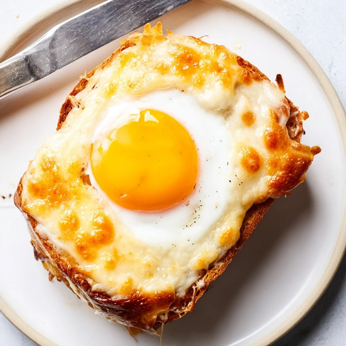 Golden Croque Madame sandwich on a white plate, topped with a sunny-side-up egg and creamy béchamel sauce, served with a green salad.  