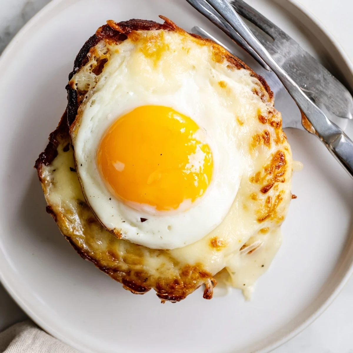 A crispy Croque Madame sandwich layered with ham and Gruyère cheese, drizzled with rich béchamel and a runny yolk.  