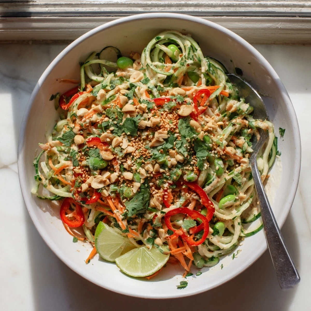 Freshly tossed Creamy Asian Cucumber Bowl with crisp veggies, creamy dressing, and a sprinkle of sesame seeds.