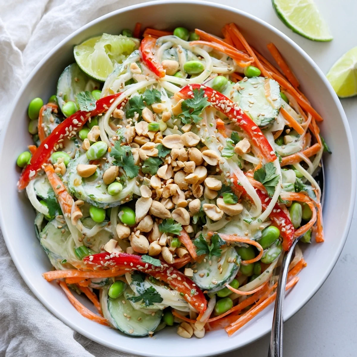 Vibrant Creamy Asian Cucumber Bowl in a serving dish, showcasing julienned carrots and edamame in tangy dressing.