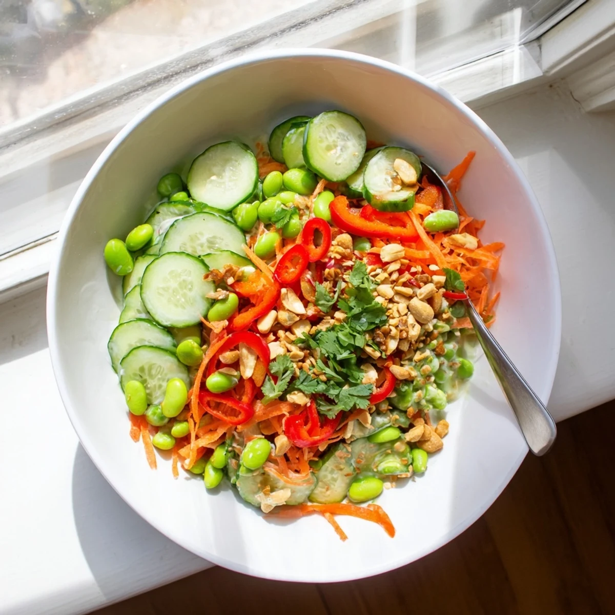 Close-up of the Creamy Asian Cucumber Bowl garnished with peanuts and lime wedges for a zesty kick.