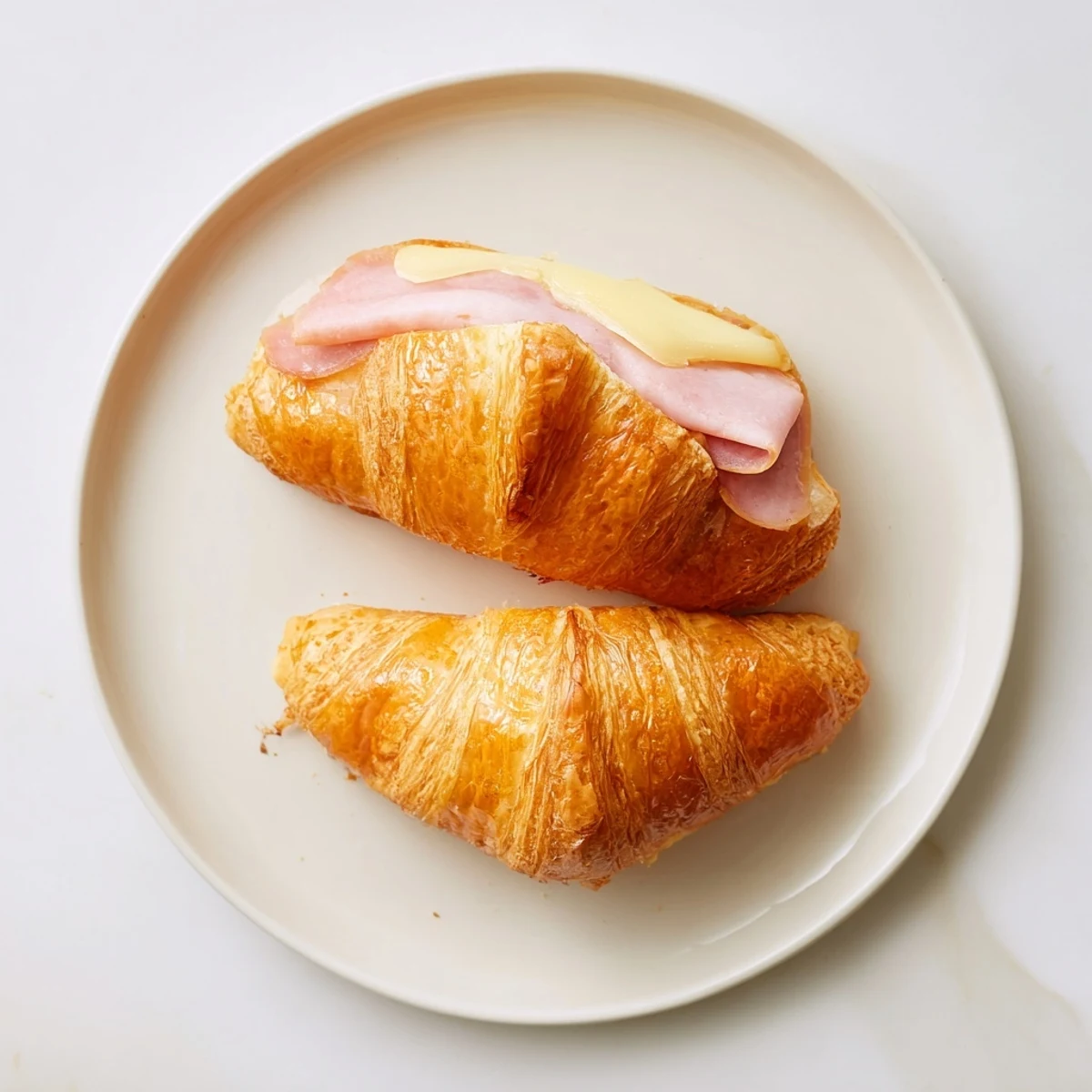 Golden, crisp Ham and Cheese Croissant fresh from the oven, revealing melted Swiss cheese and savory ham inside.