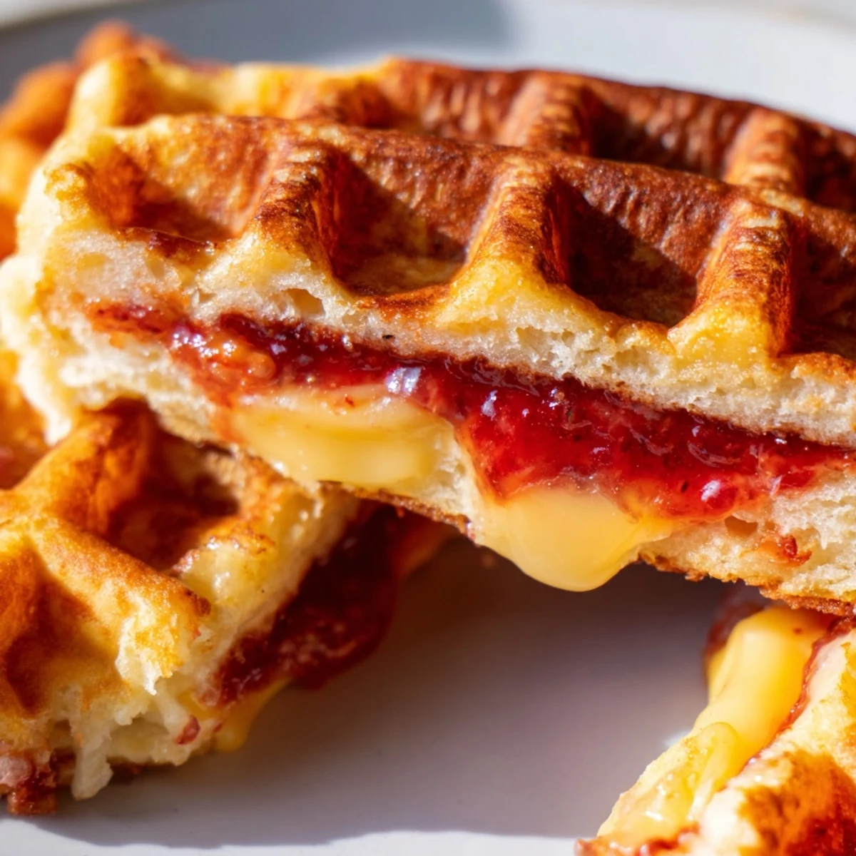 Sweet Waffle Grilled Cheese sandwich halves glisten with melted cheese and berry spread on a plate.