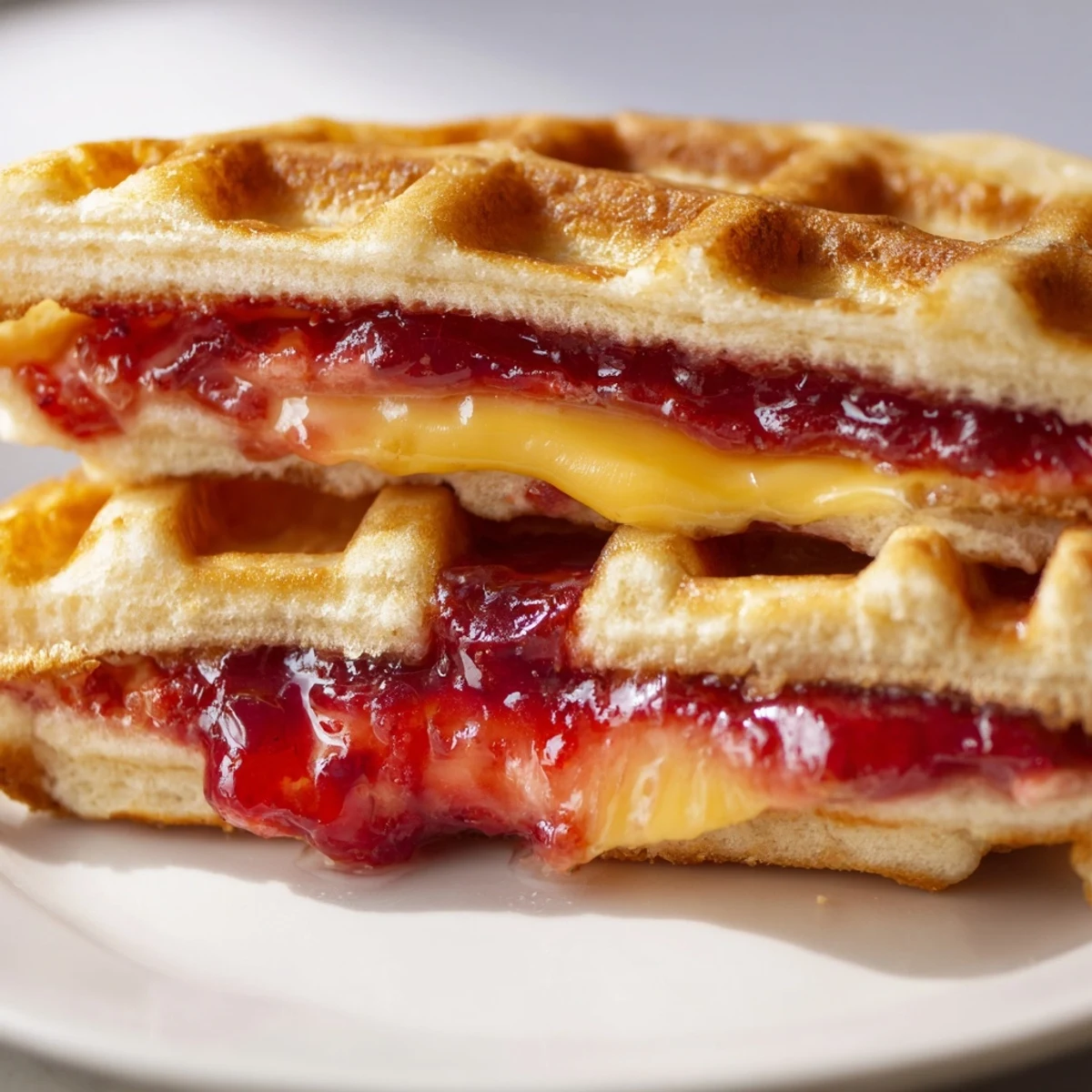 Golden toasted sweet waffles with melted cheddar and strawberry preserves for a sweet-savory brunch.