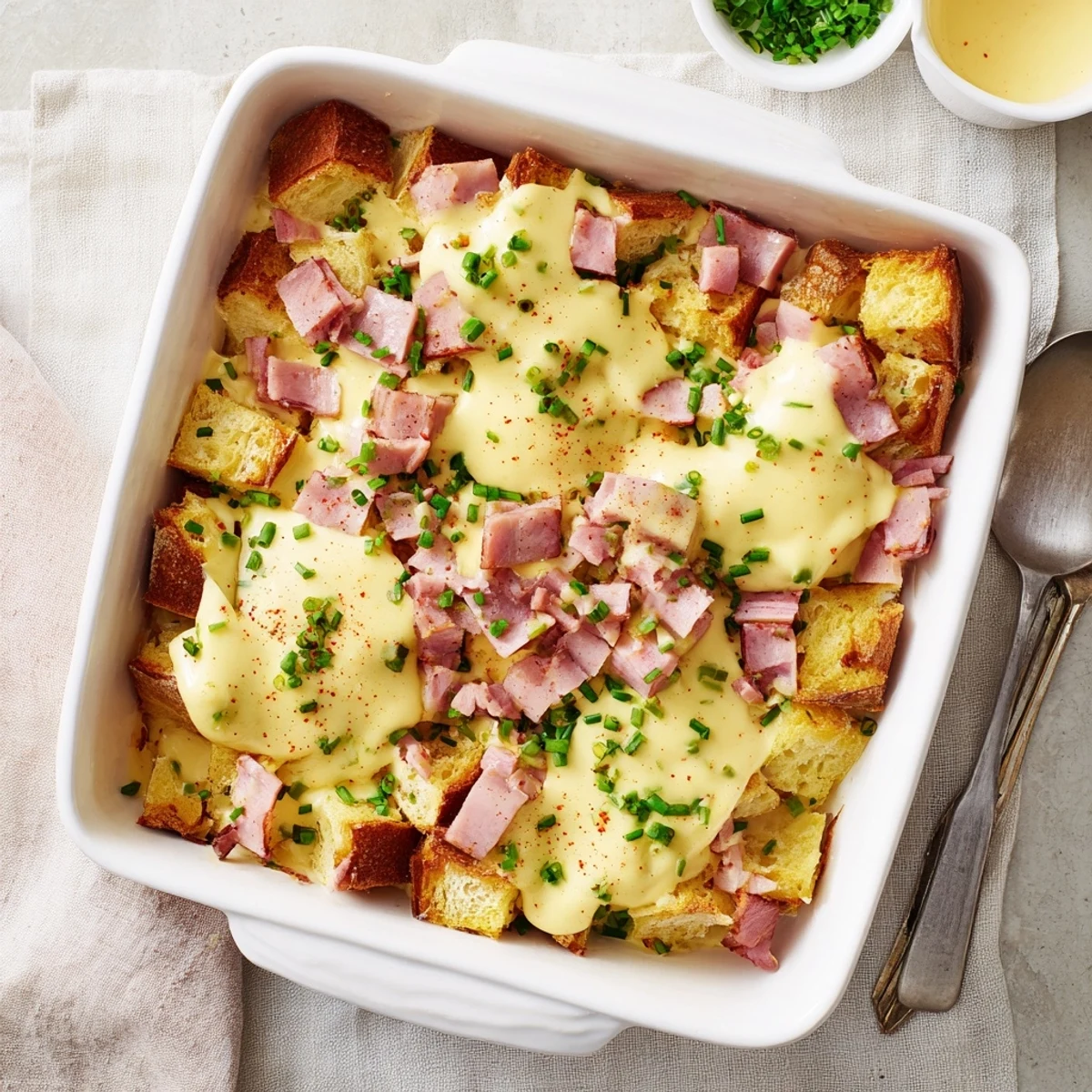 Overnight Eggs Benedict Casserole on a ceramic platter with fresh chives and warm Hollandaise drizzled over golden layers of English muffins and Canadian bacon.