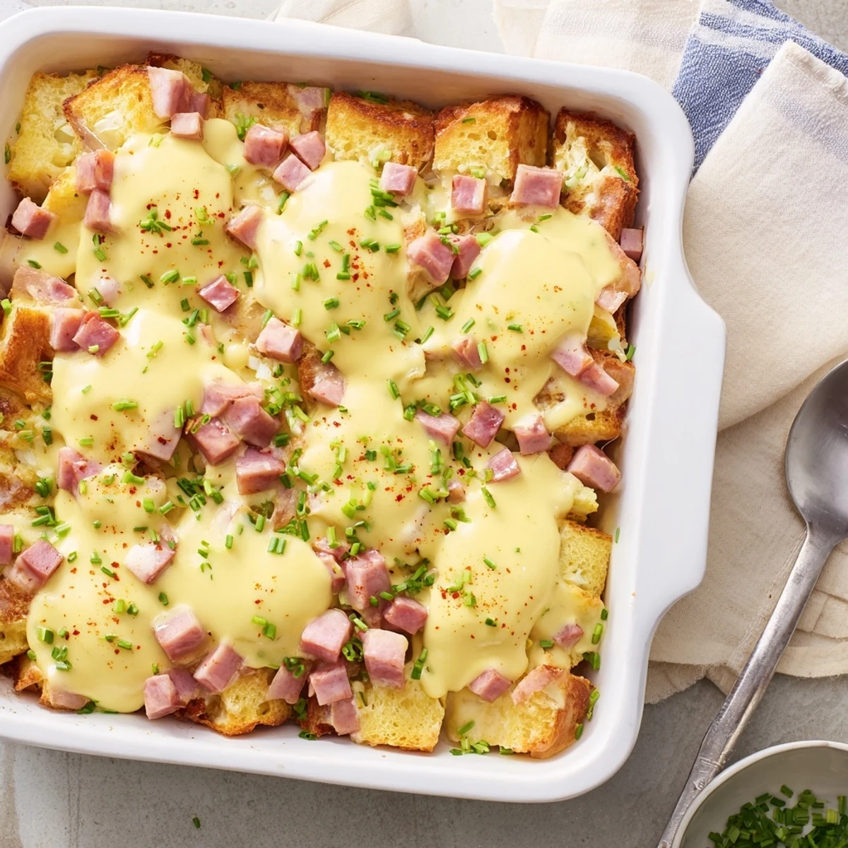 A close-up of Overnight Eggs Benedict Casserole, featuring a fluffy baked texture with creamy Hollandaise sauce and colorful paprika garnish for a perfect brunch dish.
