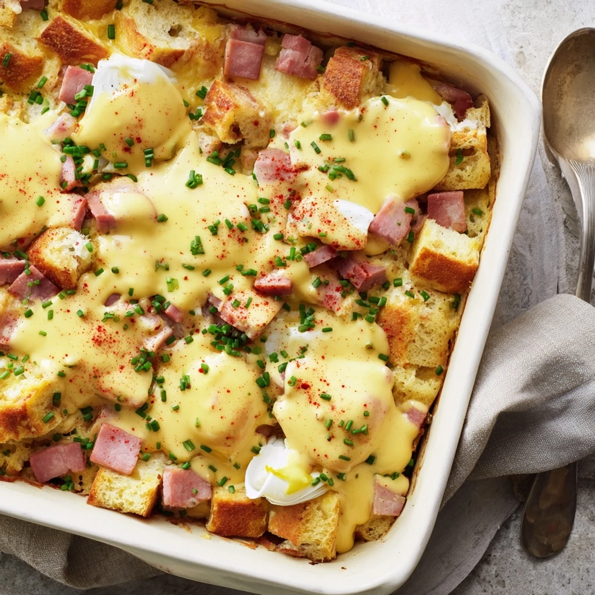 Sliced Overnight Eggs Benedict Casserole served on a white plate, showcasing layers of savory Canadian bacon and melted egg custard, ready for a delicious breakfast.
