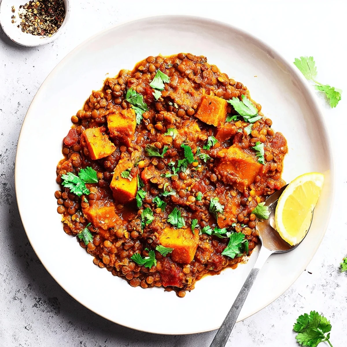 Steaming bowl of Pumpkin and Lentil Rogan Josh Curry garnished with fresh cilantro and lemon wedges.