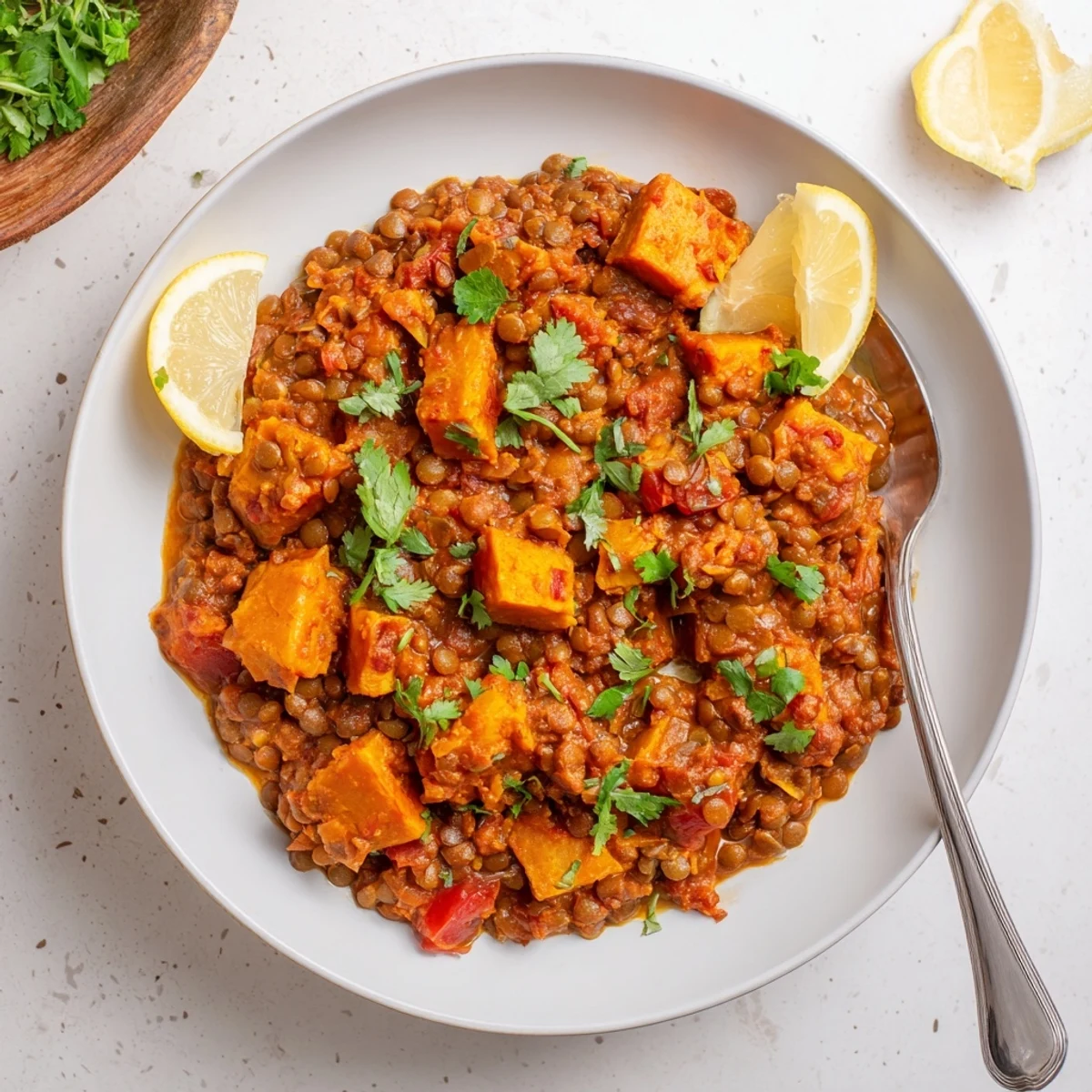 Serving suggestion for Pumpkin and Lentil Rogan Josh Curry alongside fluffy basmati rice and naan bread.
