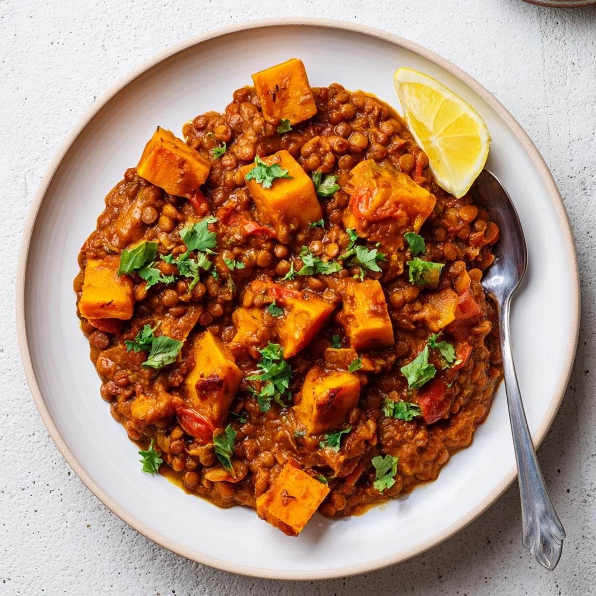 Cubed pumpkin and red lentils simmered in creamy, aromatic Rogan Josh curry sauce for cozy vegan dinners.