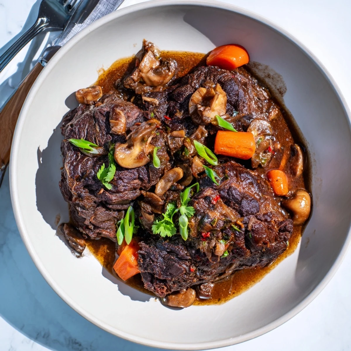 A close-up of slow-braised Asian Style Slow Cooked Beef Cheeks With Mushrooms served over creamy mashed potatoes, steam rising gently.