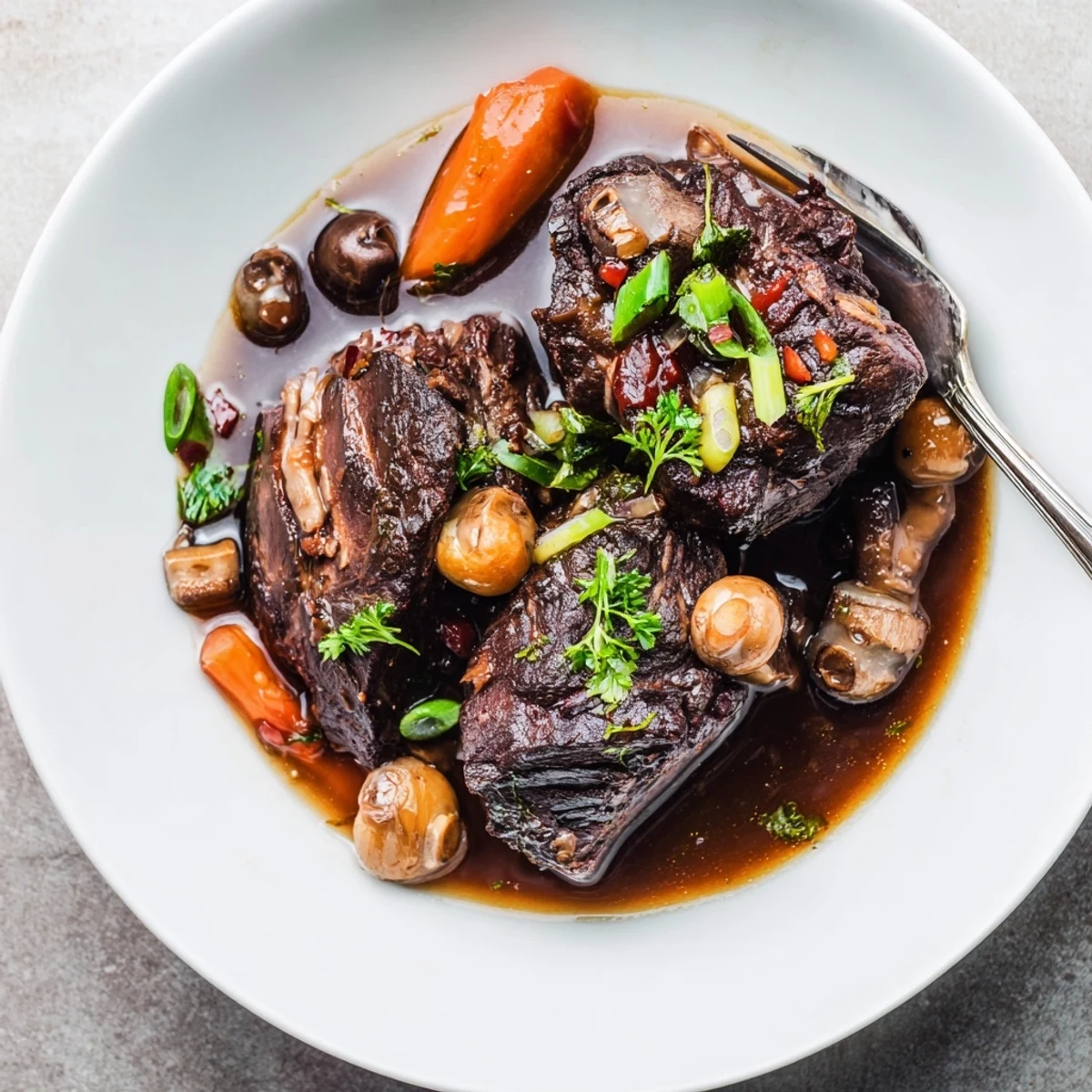 Sizzling seared beef cheeks simmering in savory Asian Style Slow Cooked Beef Cheeks With Mushrooms, with carrots and shiitake mushrooms.