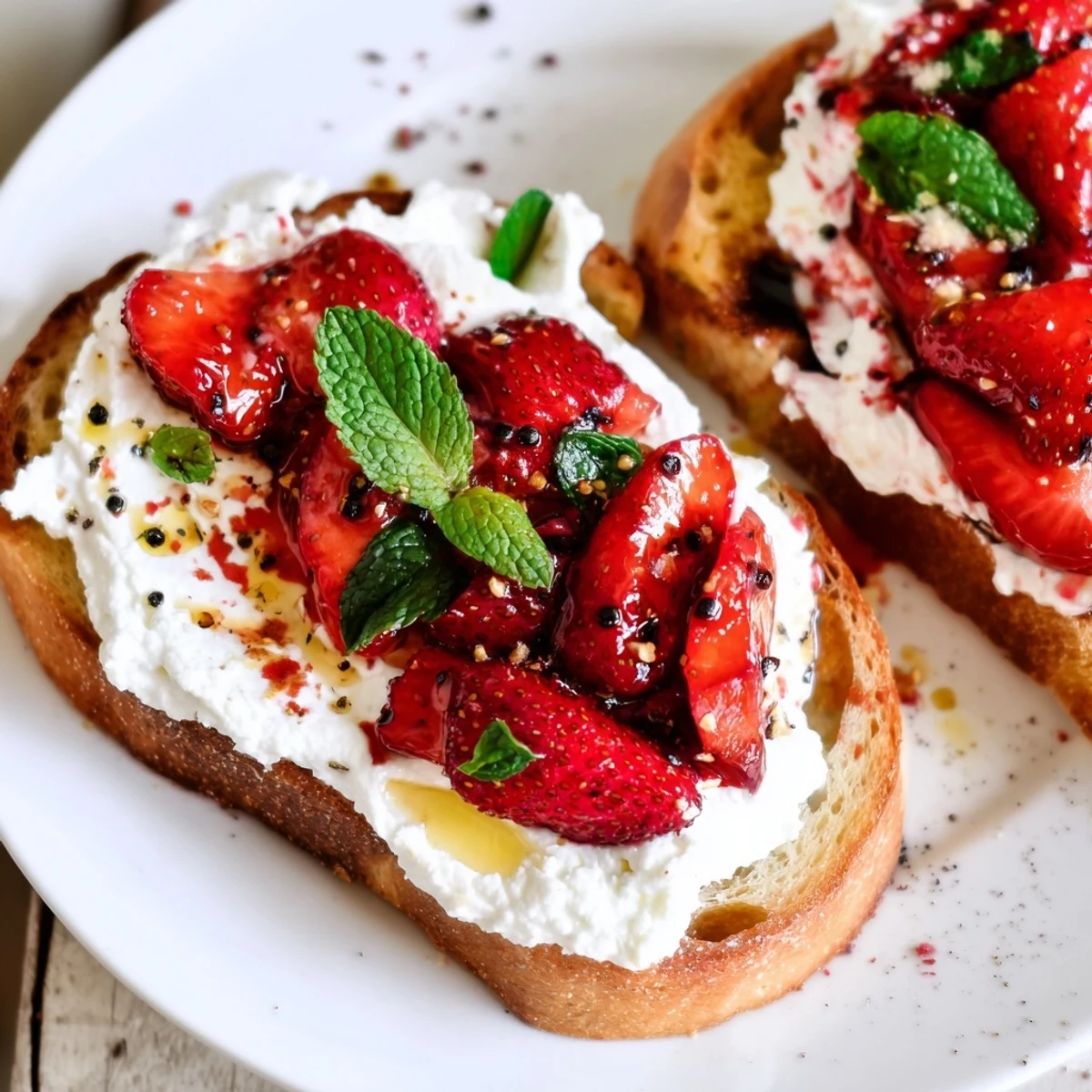 Warm Roasted Strawberry Whipped Ricotta Toast served on a white plate with a drizzle of roasting juices.