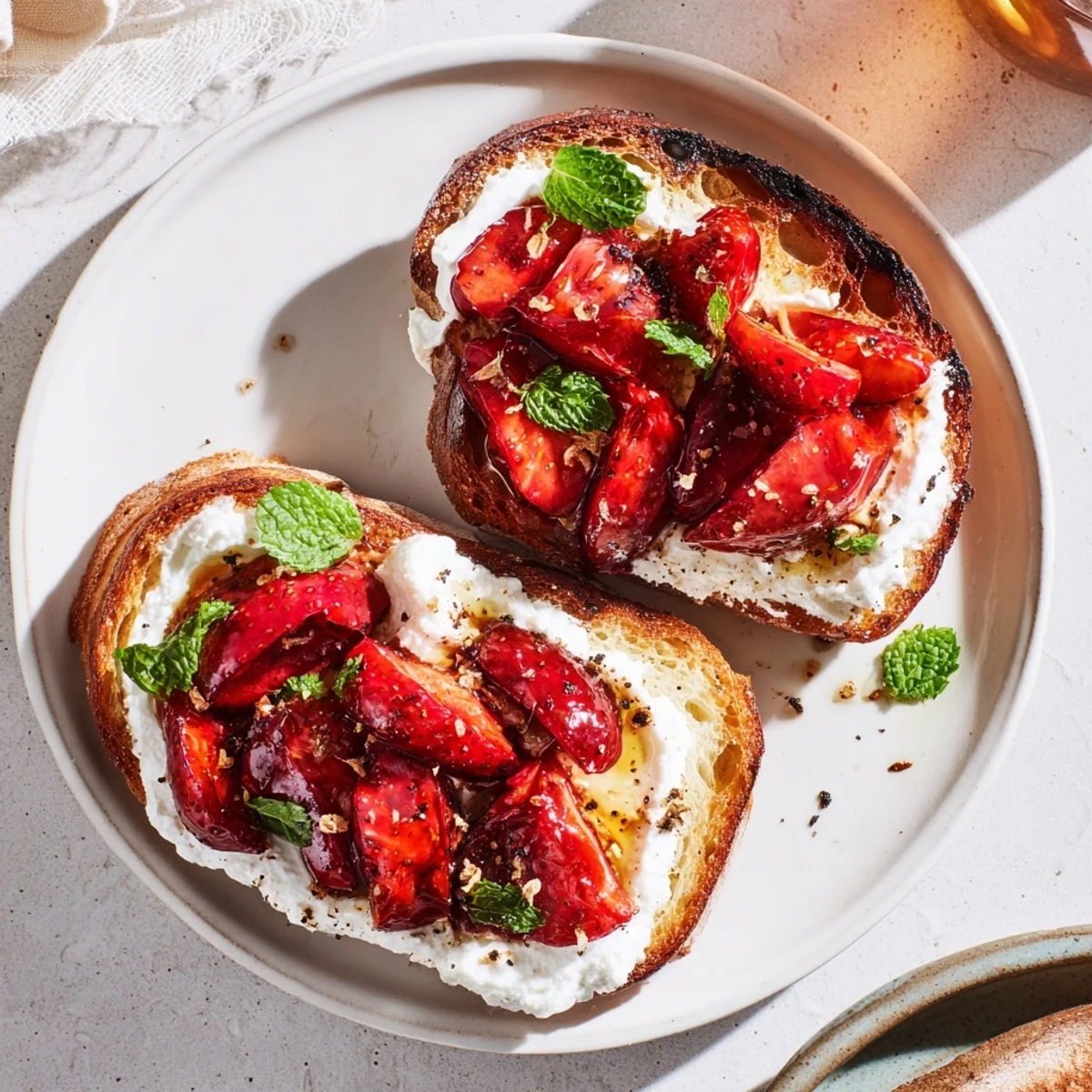 Golden-crisp sourdough toast topped with velvety whipped ricotta and sweet, syrupy roasted strawberries garnished with fresh mint.