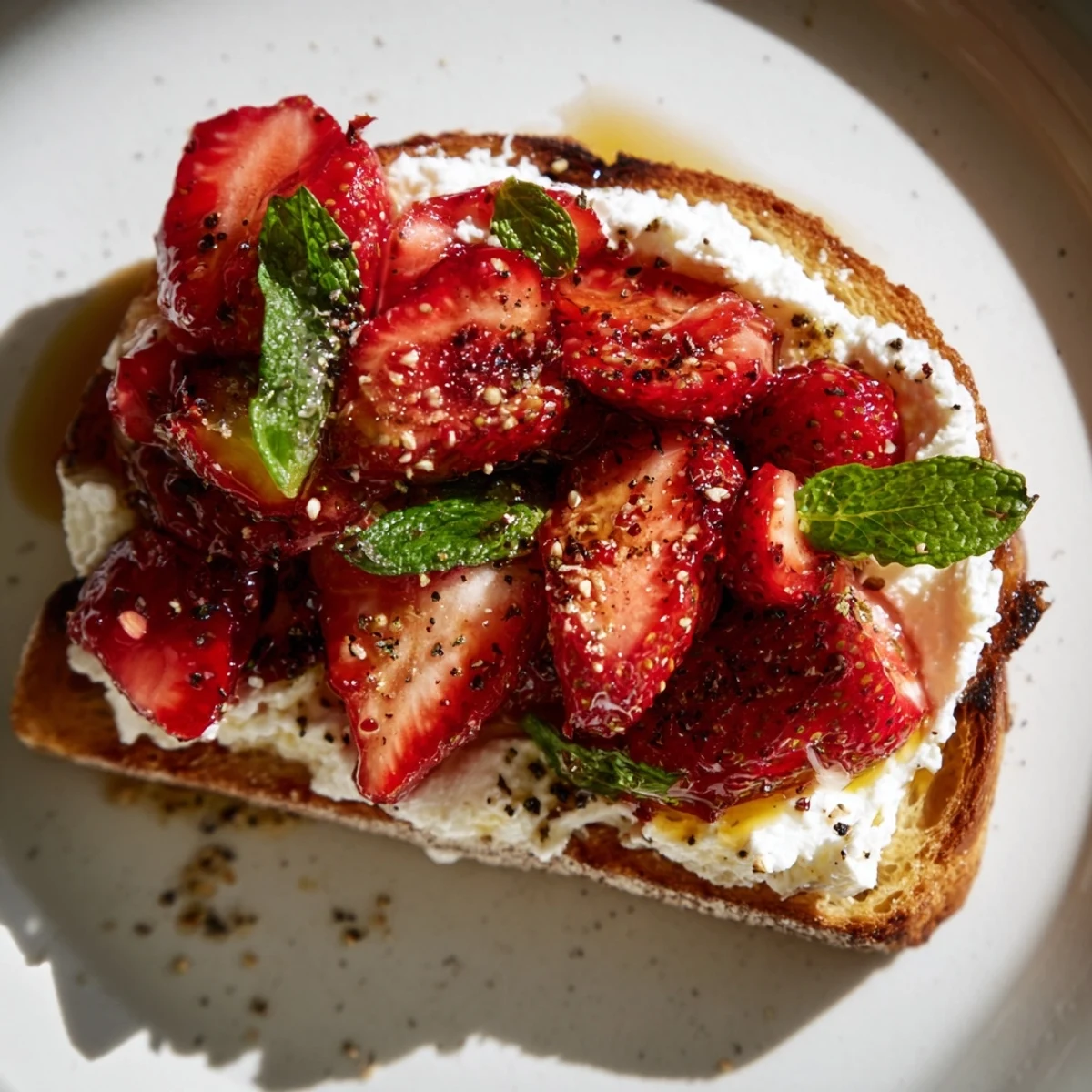 Fresh Roasted Strawberry Whipped Ricotta Toast features rustic bread with creamy cheese and ruby-red strawberries for an elegant snack.