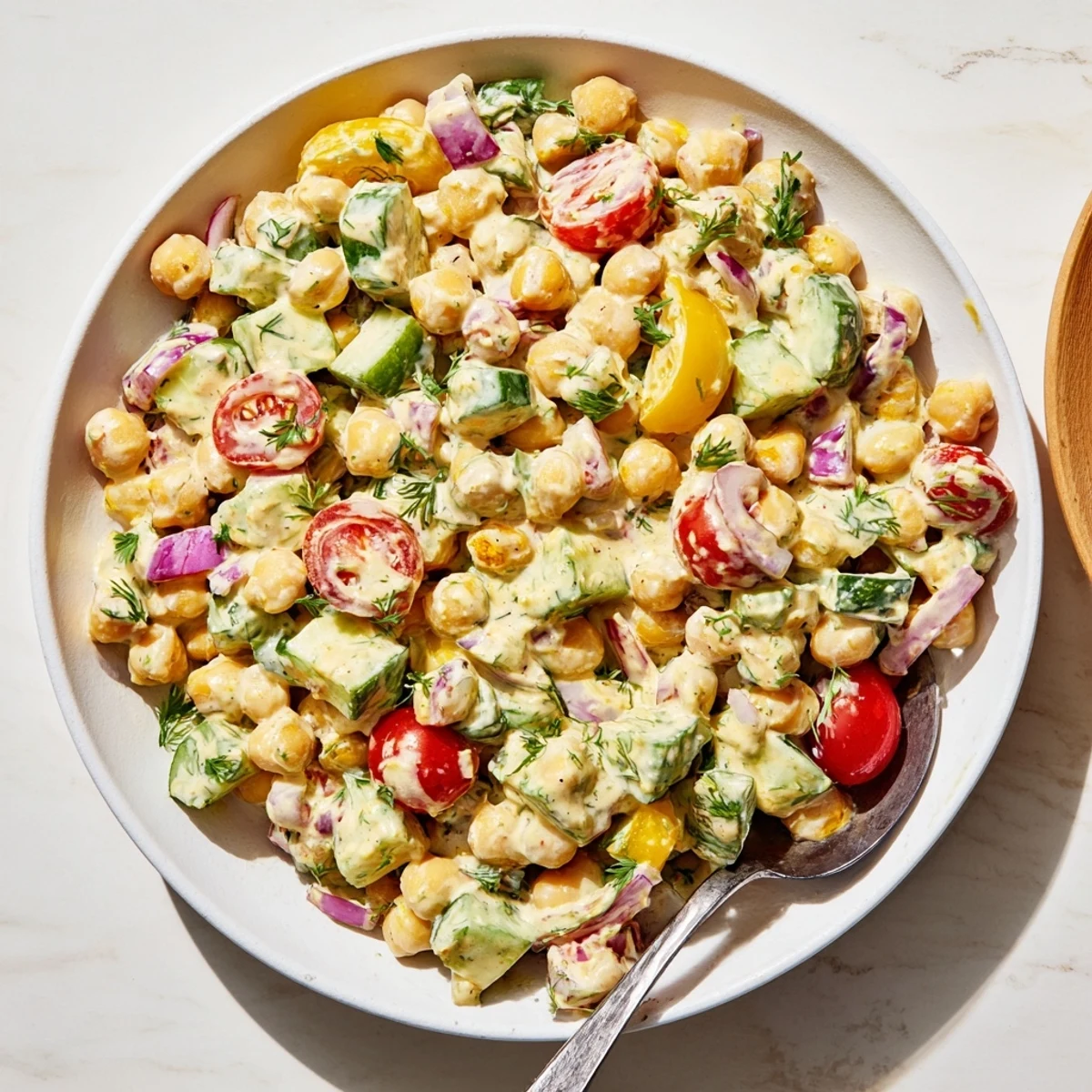 A bowl of Curried Chickpea Salad with creamy dressing, tomatoes, cucumbers, and fresh cilantro.
