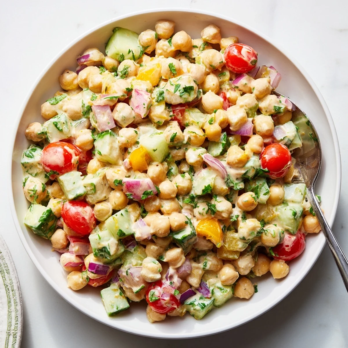 Creamy Curried Chickpea Salad mixed with crisp veggies and golden raisins, ideal for meal prep.