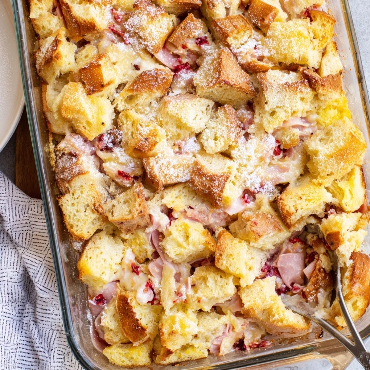 Freshly baked Monte Cristo Breakfast Casserole with golden brioche, ham, turkey, and Swiss cheese, dusted with powdered sugar on a rustic table.