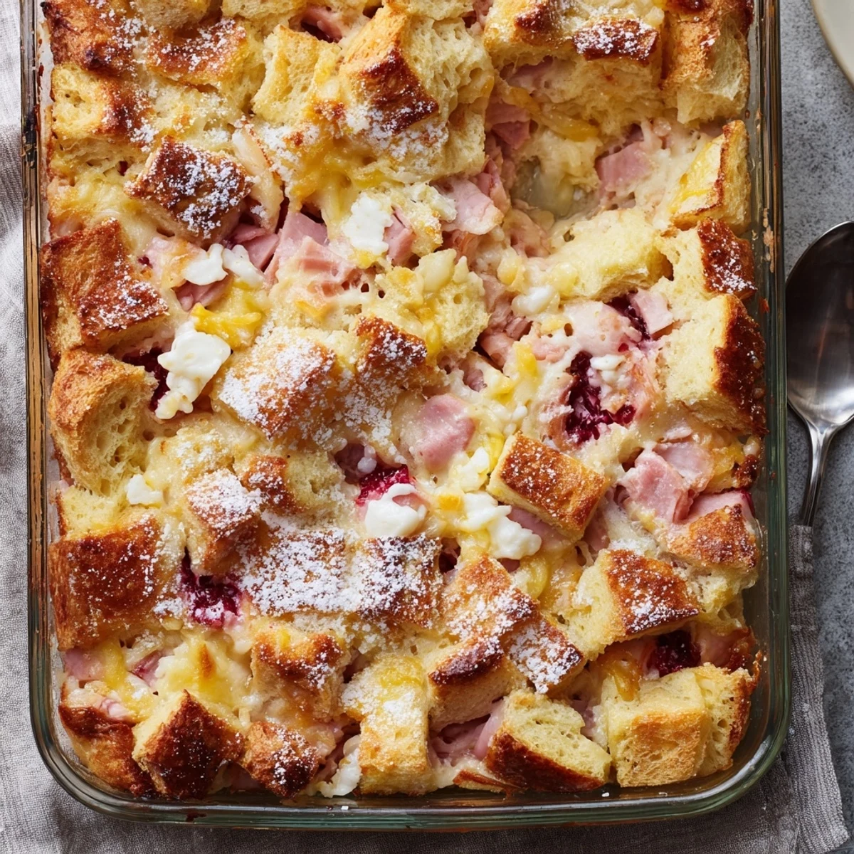 Monte Cristo Breakfast Casserole is sliced to show fluffy layers of ham, turkey, and Swiss cheese inside a golden egg custard bake.