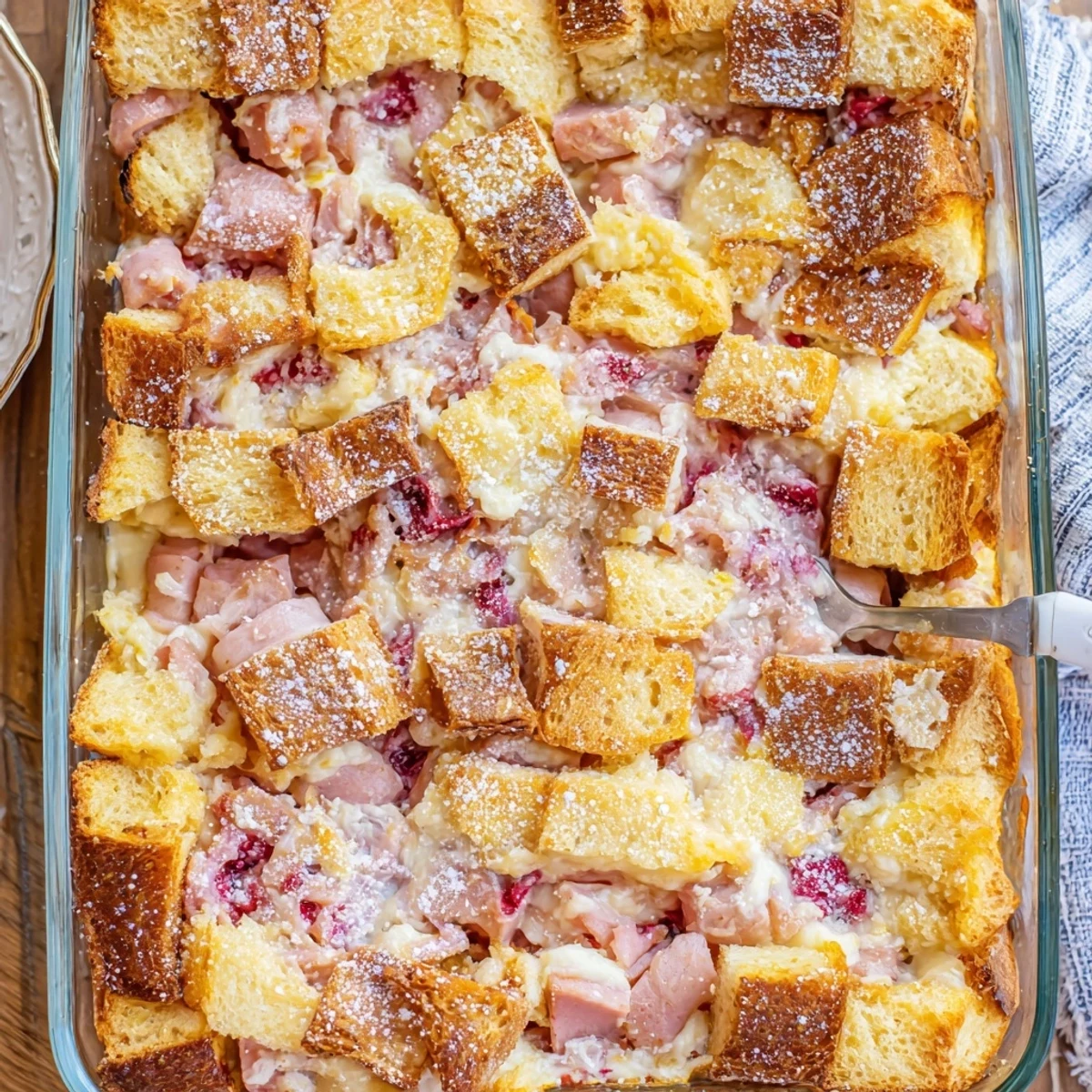 A warm serving of Monte Cristo Breakfast Casserole with raspberry preserves and a fork, ready for a festive brunch or holiday breakfast.