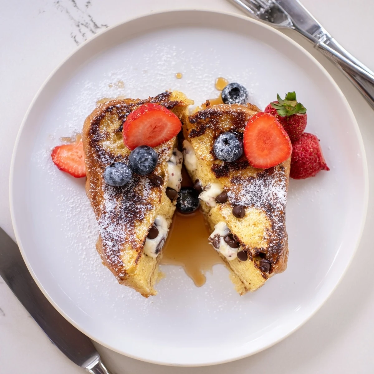 Golden-brown Decadent Cannoli Stuffed French Toast slices dusted with powdered sugar and topped with fresh berries.