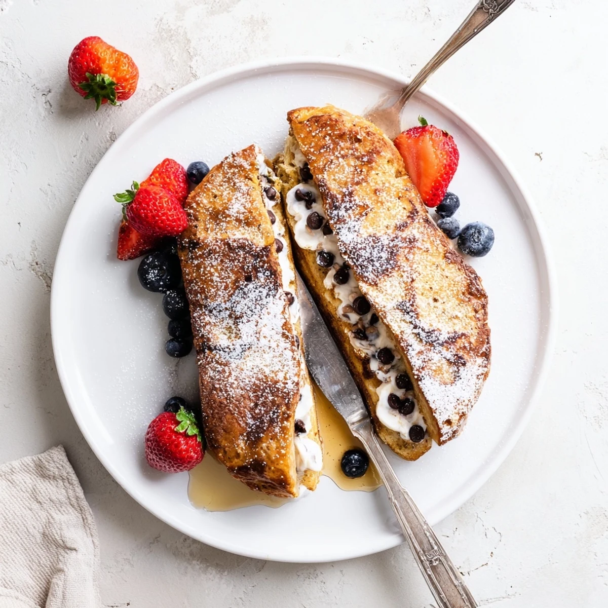 Decadent Cannoli Stuffed French Toast served warm with maple syrup drizzle beside a steaming cup of coffee.