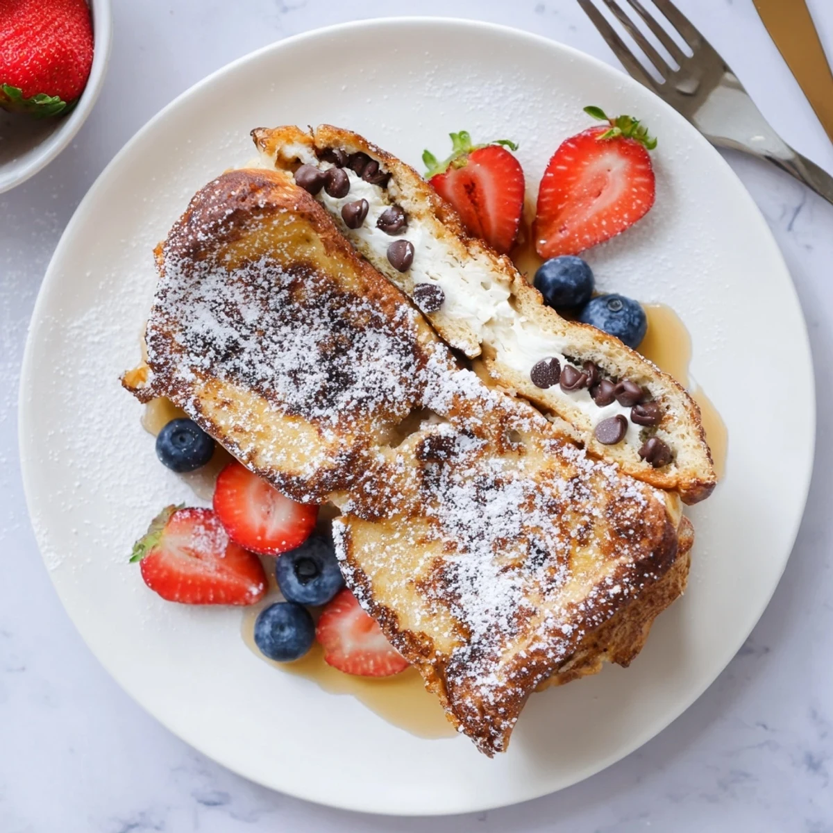 Close-up view of Decadent Cannoli Stuffed French Toast revealing creamy filling and chocolate chips in a brunch setting.