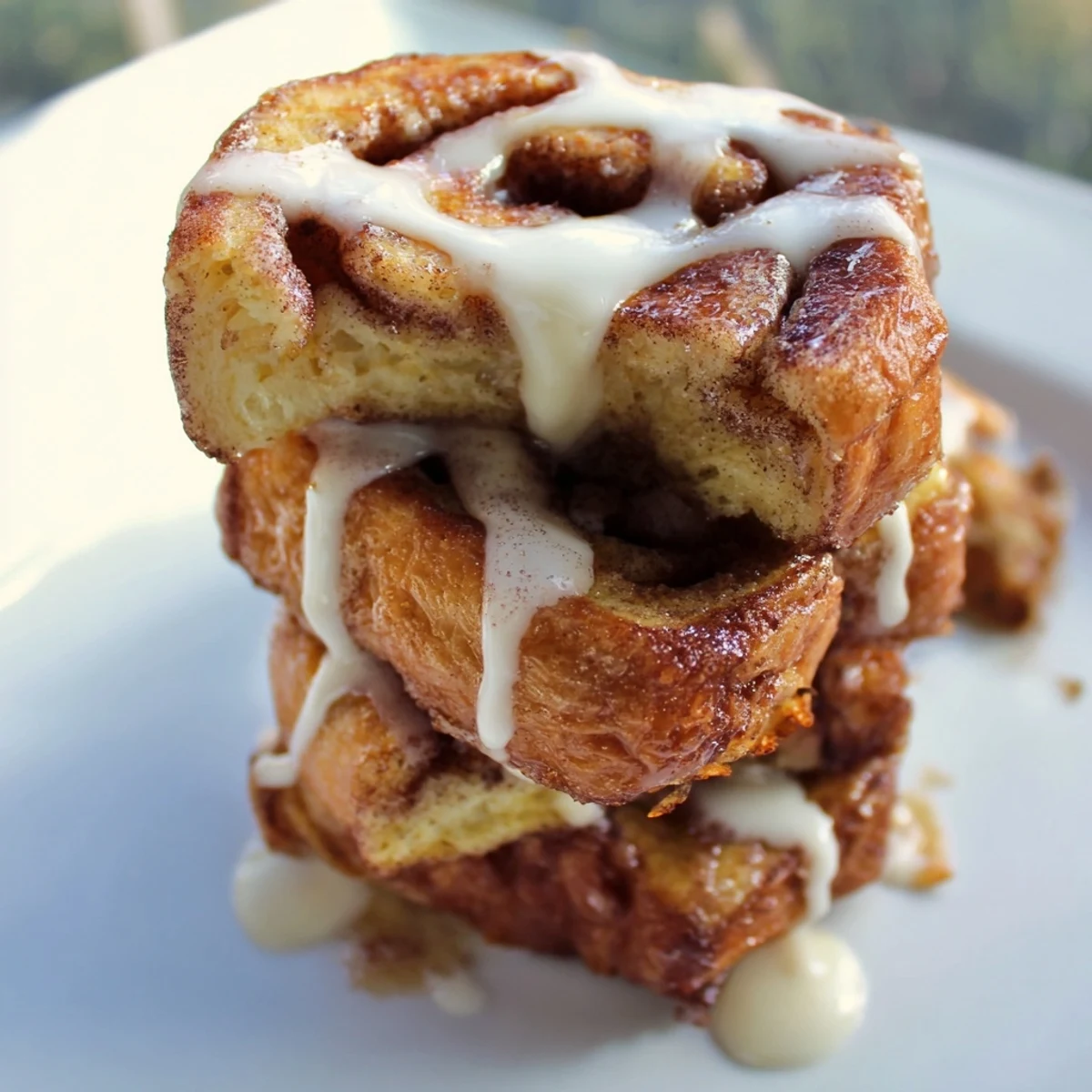 Warm, custardy Cinnamon Roll French Toast Bites piled on a breakfast plate with maple syrup and powdered sugar.