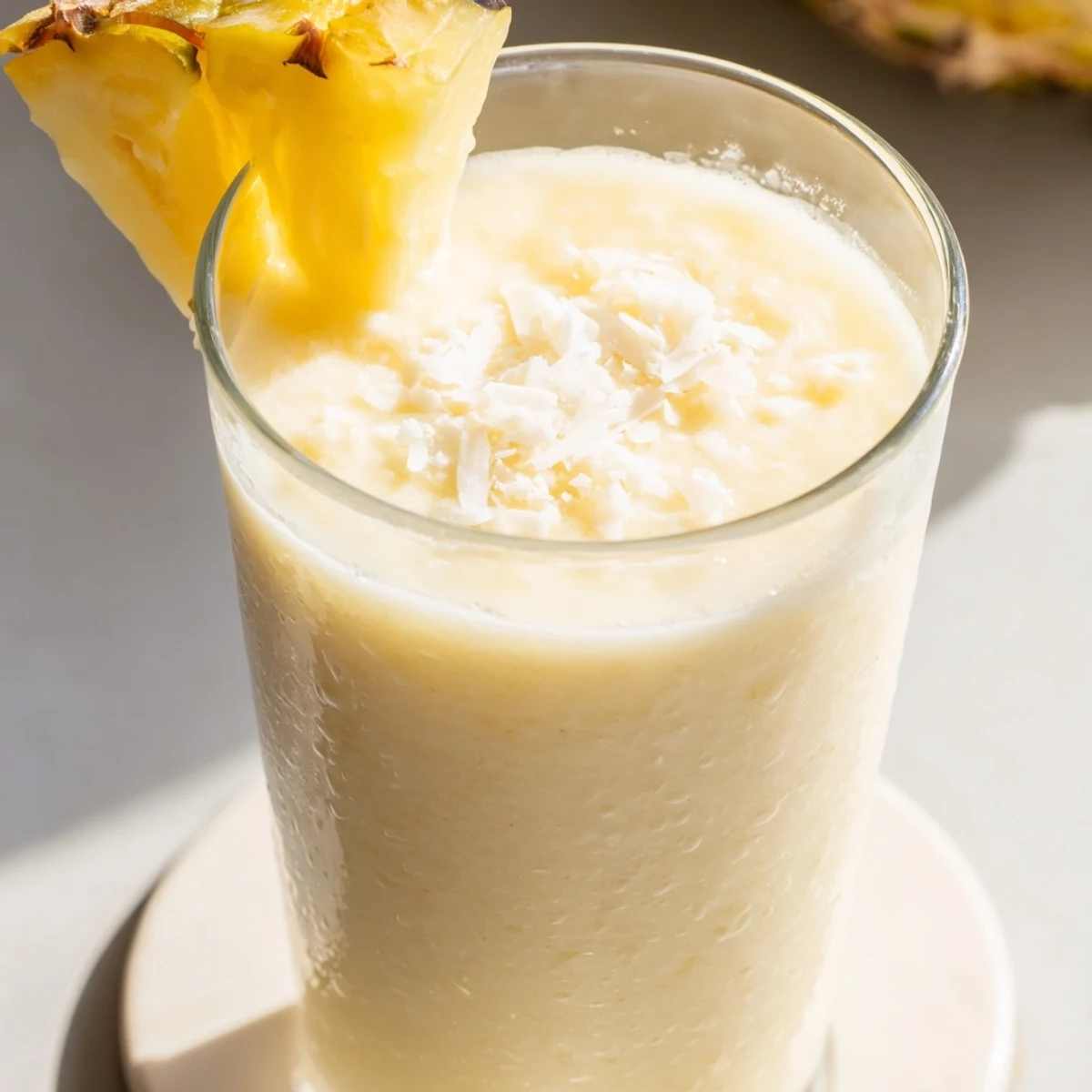 Creamy Pineapple Coconut Smoothie in a tall glass, garnished with shredded coconut and a fresh pineapple wedge.