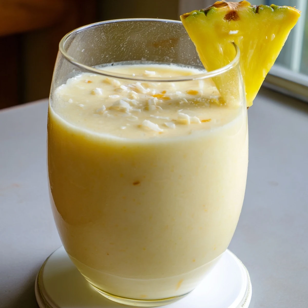 Tall glass of chilled Pineapple Coconut Smoothie with a colorful straw, served on a tropical-themed breakfast table.