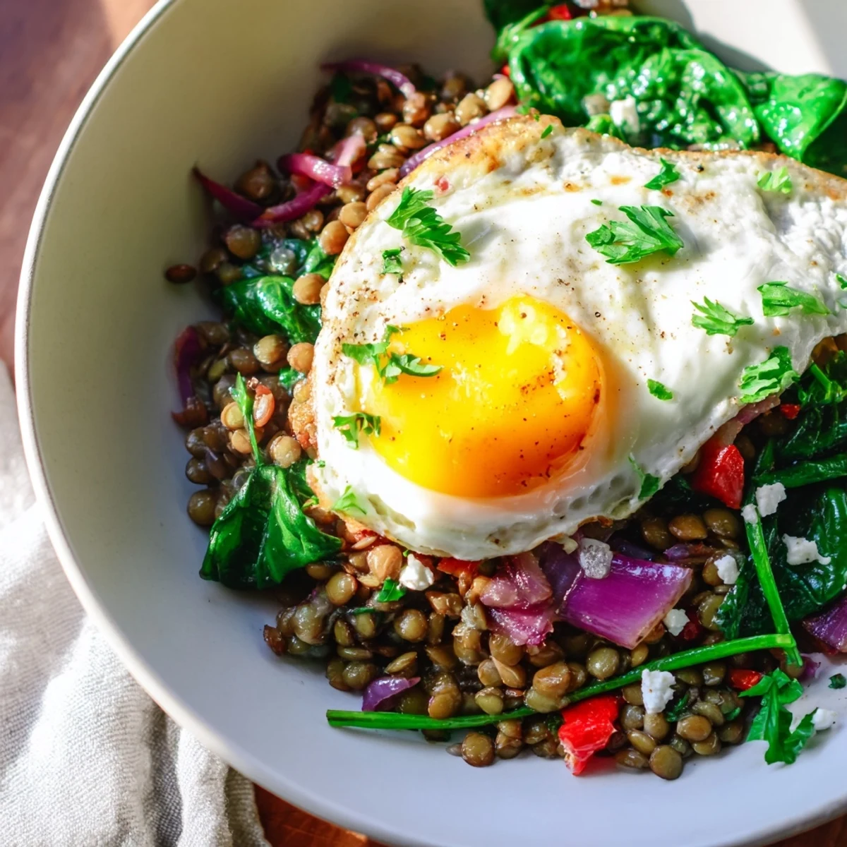 Golden egg yolk drizzling over a warm Savory Lentil Breakfast Bowl with sautéed vegetables and fresh herbs.