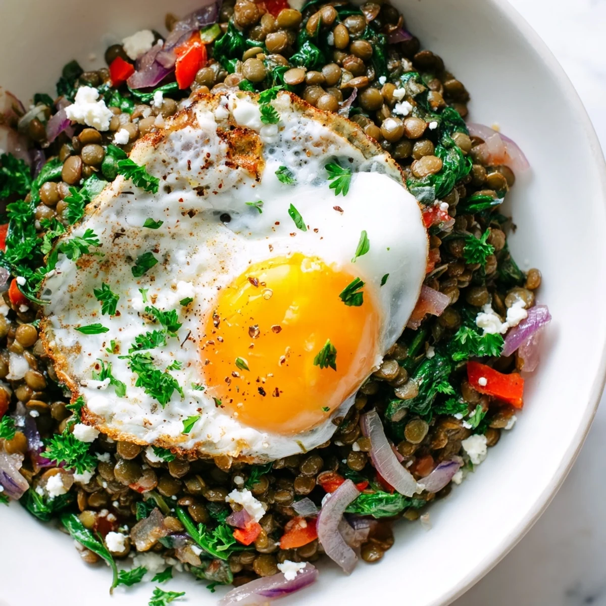 Savory Lentil Breakfast Bowl garnished with avocado slices and feta cheese, served for a healthy morning meal.