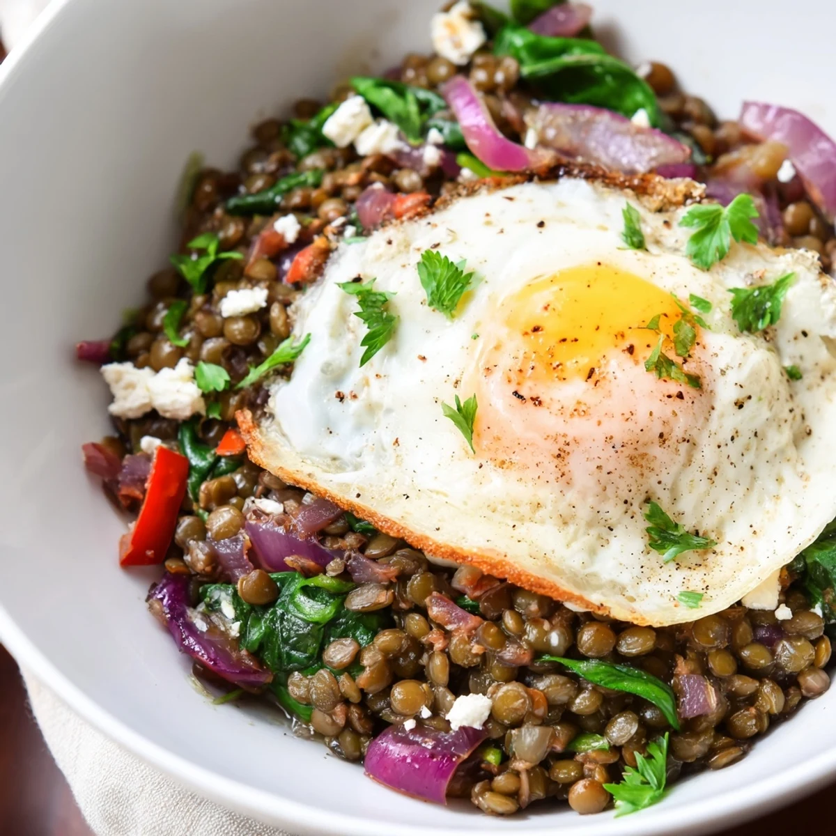 Close-up of a delicious Savory Lentil Breakfast Bowl topped with a fried egg and vibrant fresh spinach.