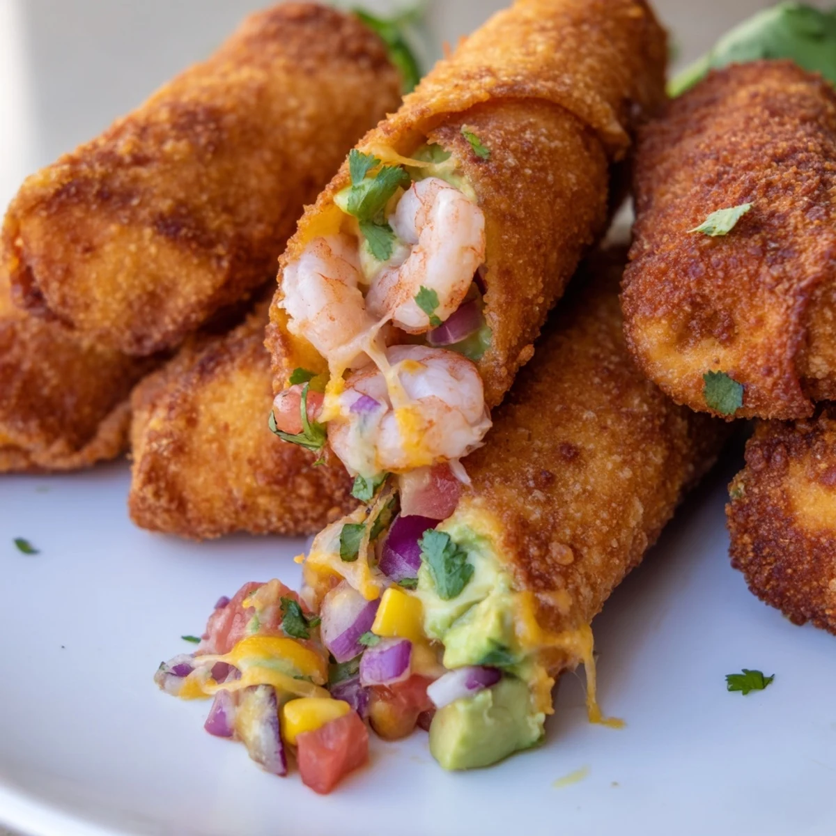 Eight golden Crispy Shrimp Avocado Taquitos sit on a white plate with lime wedges and salsa verde.