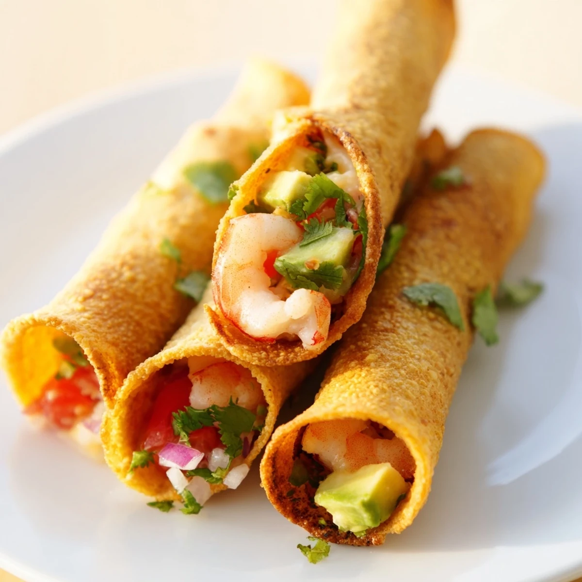 A platter of Crispy Shrimp Avocado Taquitos is served with sour cream dip and fresh cilantro garnish.