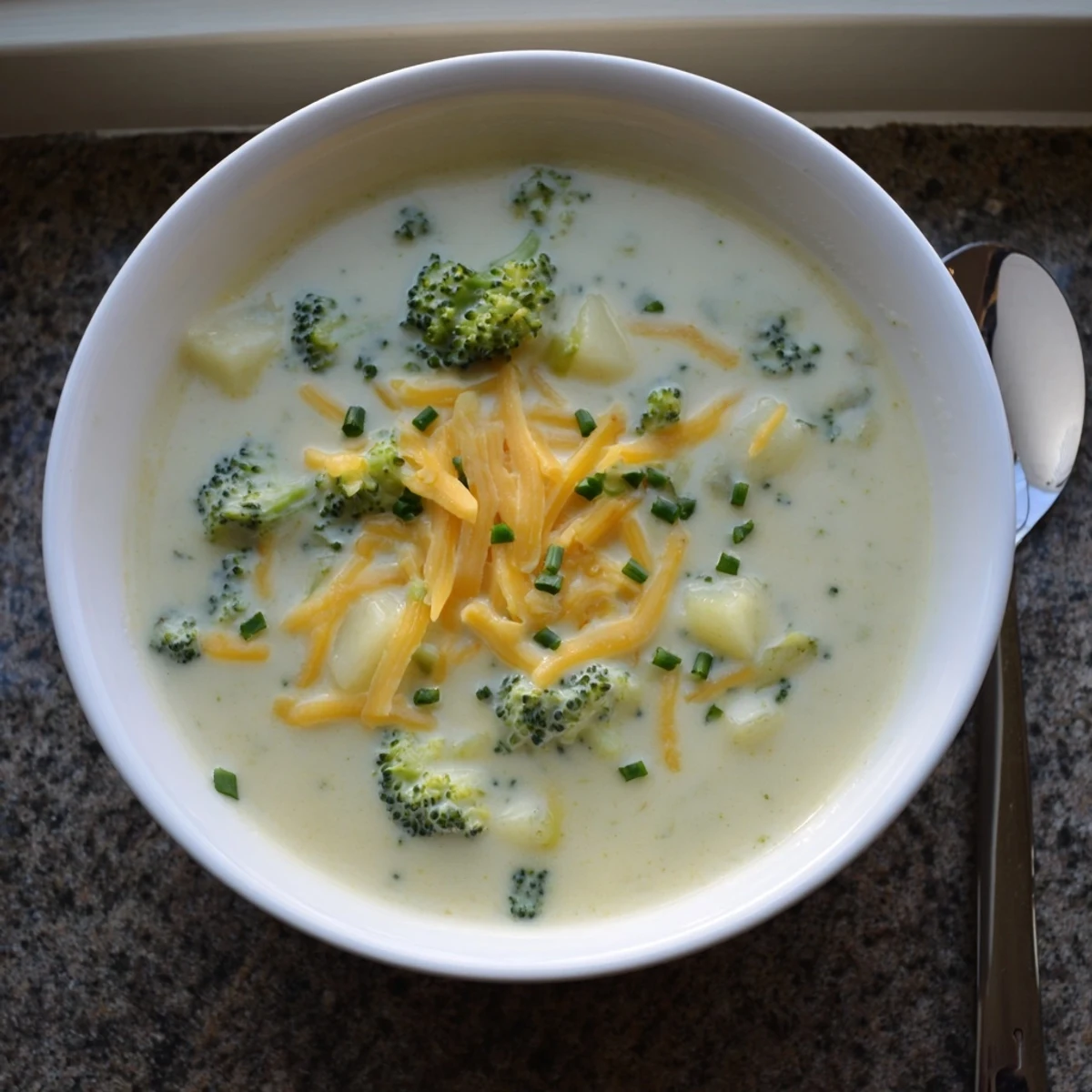 A ladle pours creamy cheesy broccoli potato soup into a bowl with crusty bread on the side.