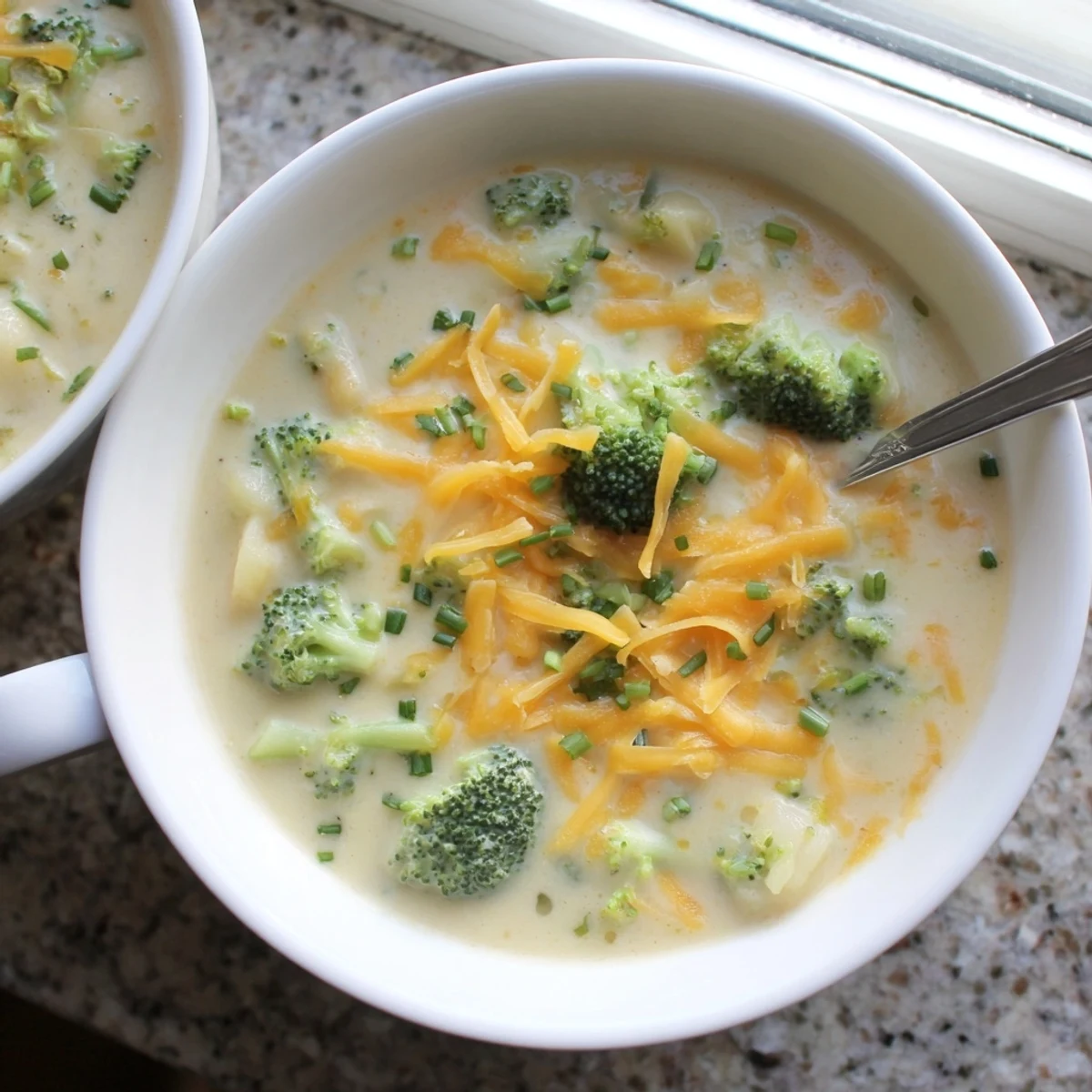 Creamy Cheesy Broccoli Potato Soup steaming in a rustic bowl topped with extra cheddar and fresh chives.