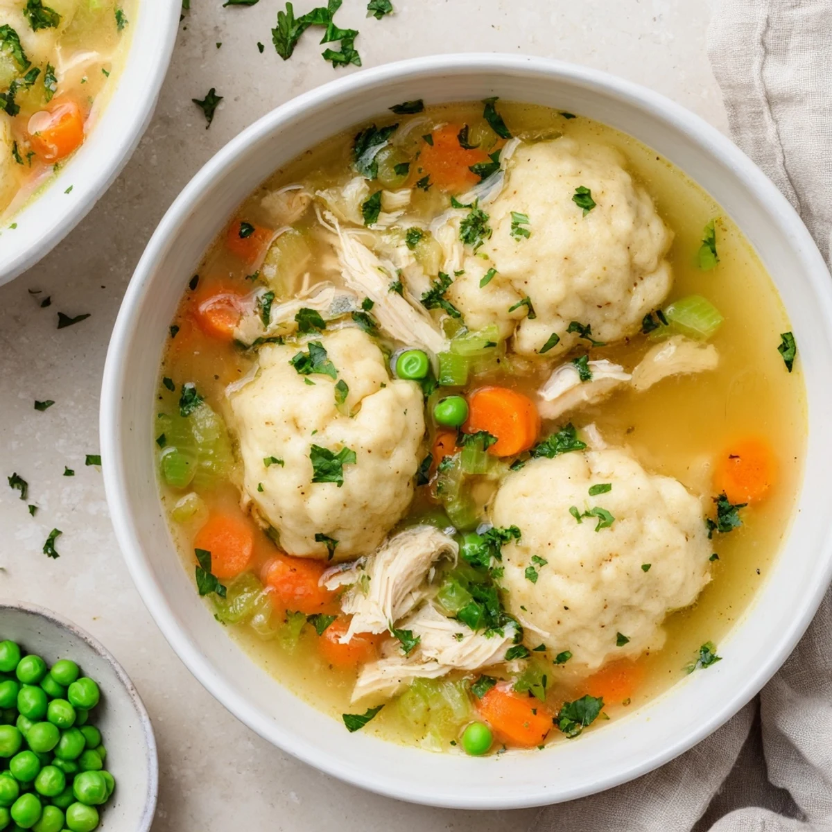 Steamy bowl of One Pot Chicken Dumpling Soup with fluffy dumplings, tender chicken, and fresh parsley garnish.