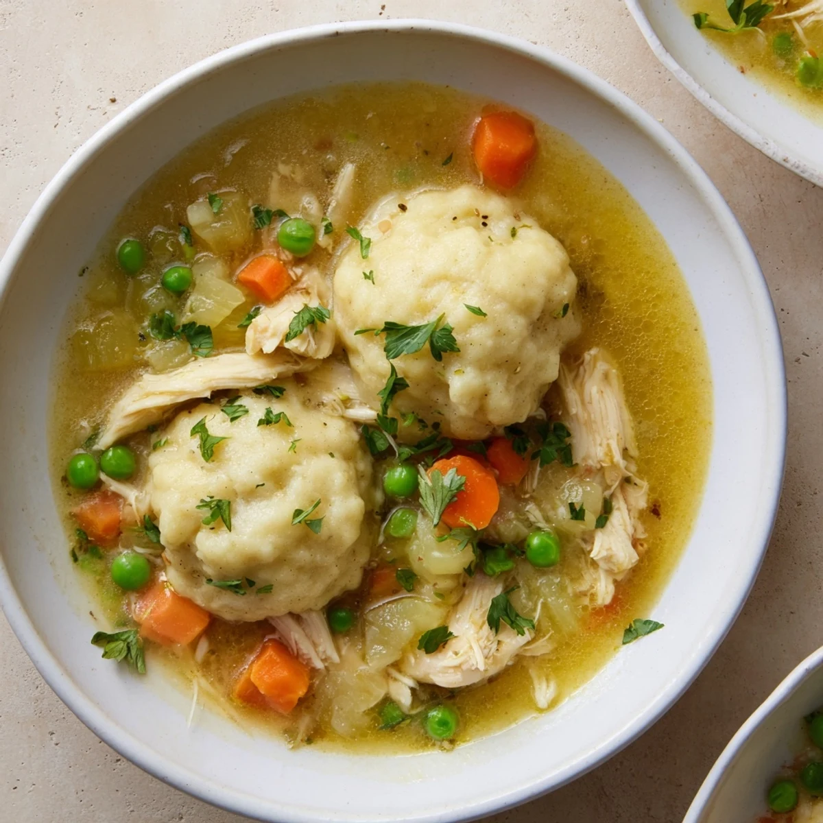 One Pot Chicken Dumpling Soup served steaming hot, with hearty vegetables and buttery dumplings in broth.