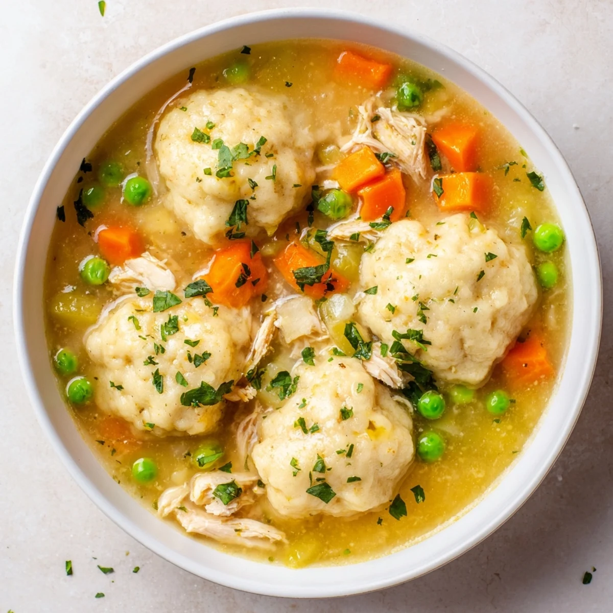 Close-up of One Pot Chicken Dumpling Soup featuring shredded chicken, peas, and golden dumplings in a rustic pot.
