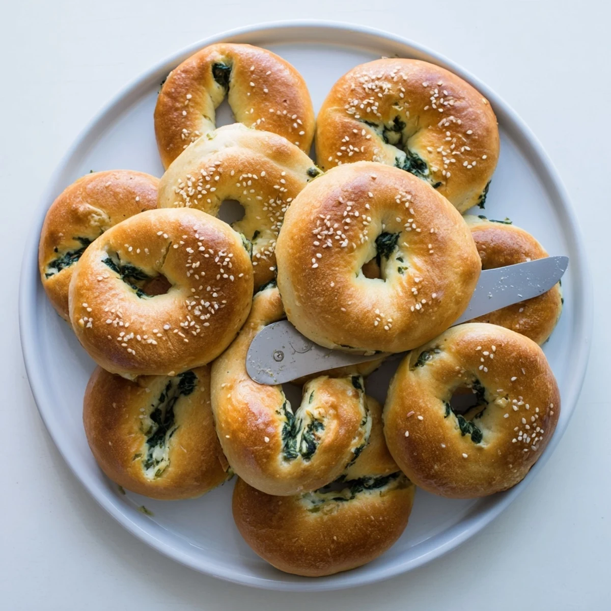 Golden-brown spinach cottage cheese flagels resting on a wire rack, showing a chewy, flat bagel shape with a hint of green spinach specks and glossy egg wash.
