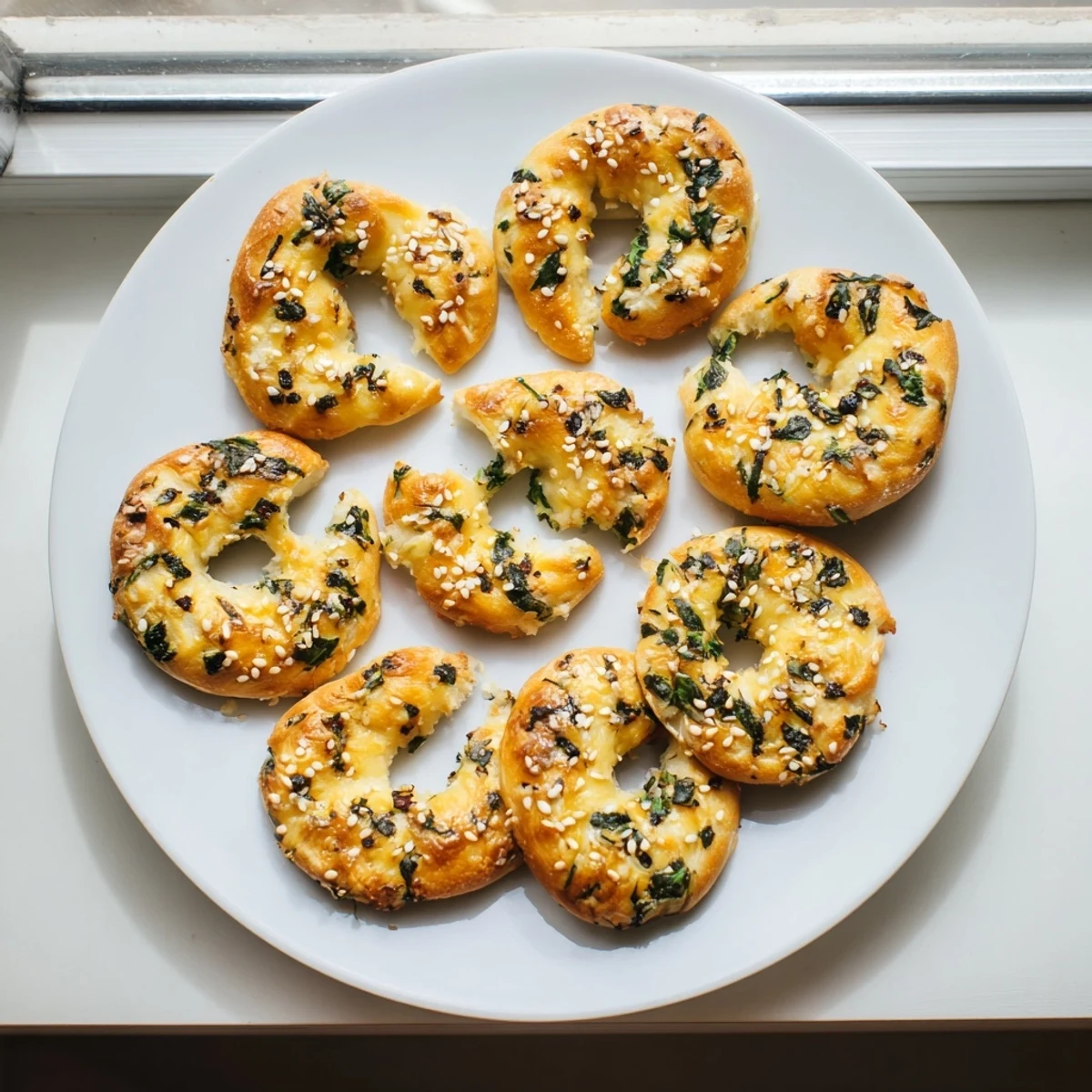 Close-up of a cut spinach cottage cheese flagel revealing a soft, moist interior packed with tender spinach and creamy cottage cheese, perfect for a savory breakfast sandwich.